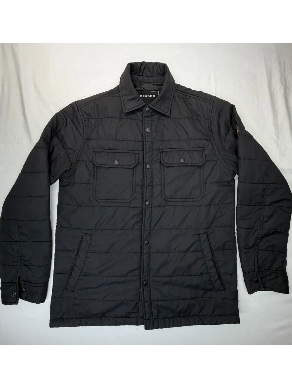 Reason Men's Jacket Front Pocket Button Collared Solid Polyester Size M Black